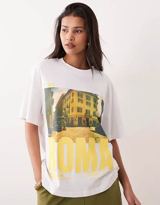 

Белая объемная футболка с короткими рукавами и изображением рома ASOS DESIGN, Белый, Белая объемная футболка с короткими рукавами и изображением рома ASOS DESIGN