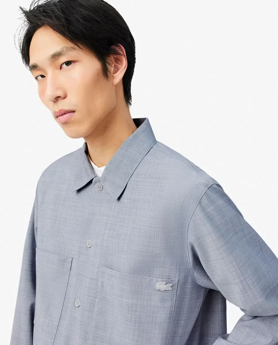 Lacoste Мужская оверсайз-рубашка из шерстяной смеси серого цвета с длинными рукавами — фото 3