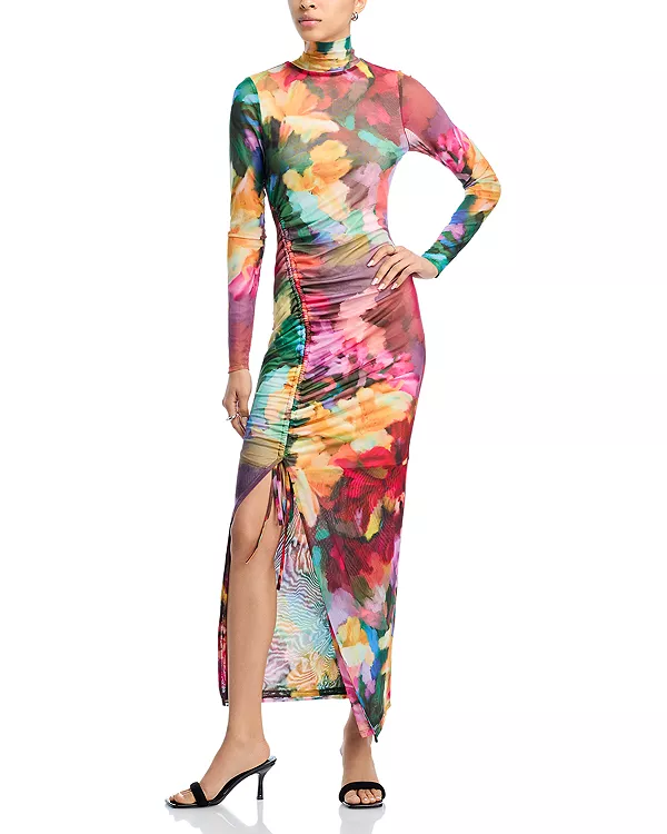 

Макси-Платье с цветочным принтом и сетчатой вставкой - эксклюзив Aqua, мультиколор