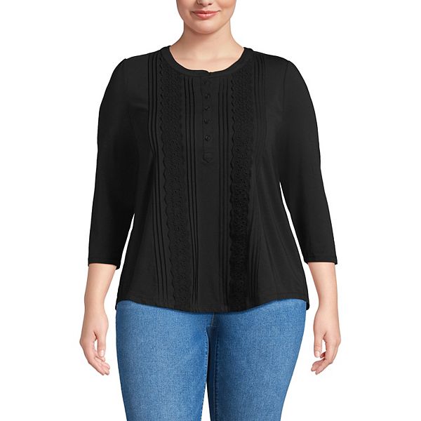

Топ с 3/4 рукавом и декоративными пуговицами спереди Plus size Lands' End, Black