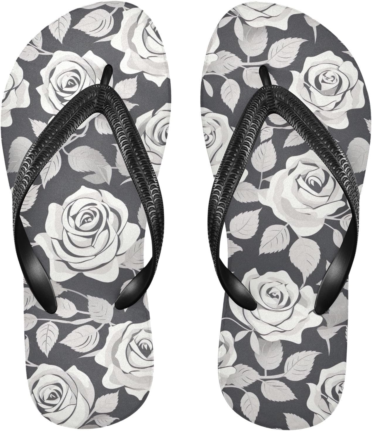 

Белые розы черные шлепанцы для пляжа с душем, резиновые нескользящие летние тапочки для мужчин и женщин для прогулок Sinestour