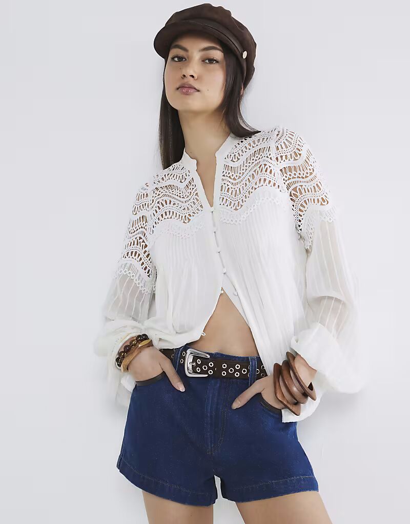 

Блузка River Island с длинными рукавами и плиссированным кружевом белого цвета