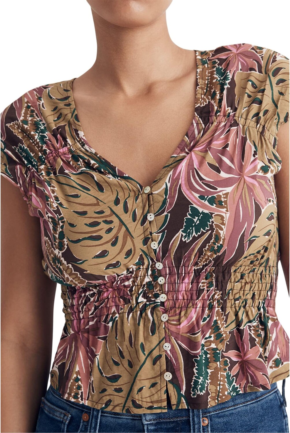 

Топ Madewell Shirred Cap-Sleeve Top in Brushstroke Monstera, цвет Dark Coffee