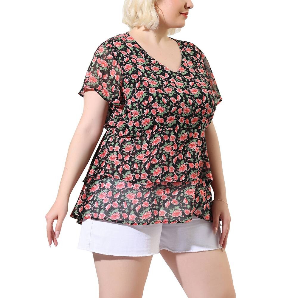 

Женские многоуровневые блузки с баской и V-образным вырезом с цветочным принтом больших размеров, рукав-колокольчик Agnes Orinda, цвет Navy Blue