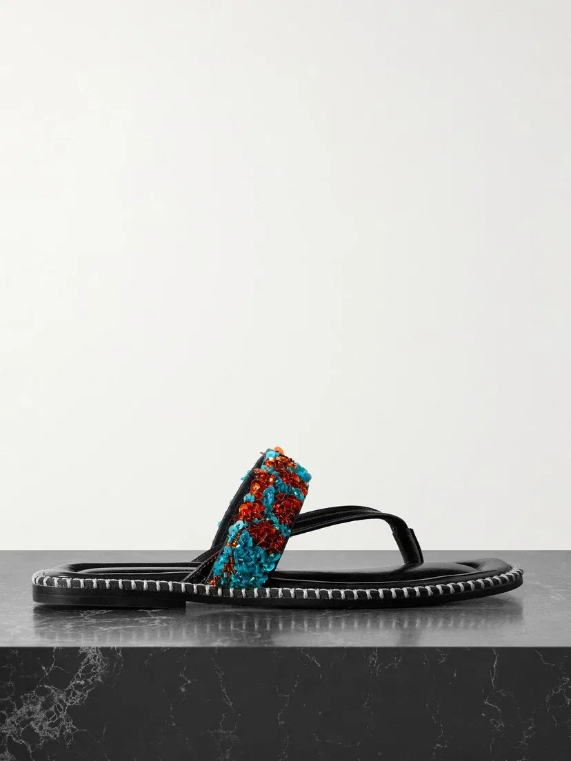 Кожаные сандалии, расшитые бисером и прошитые вручную DRIES VAN NOTEN, бирюзовый