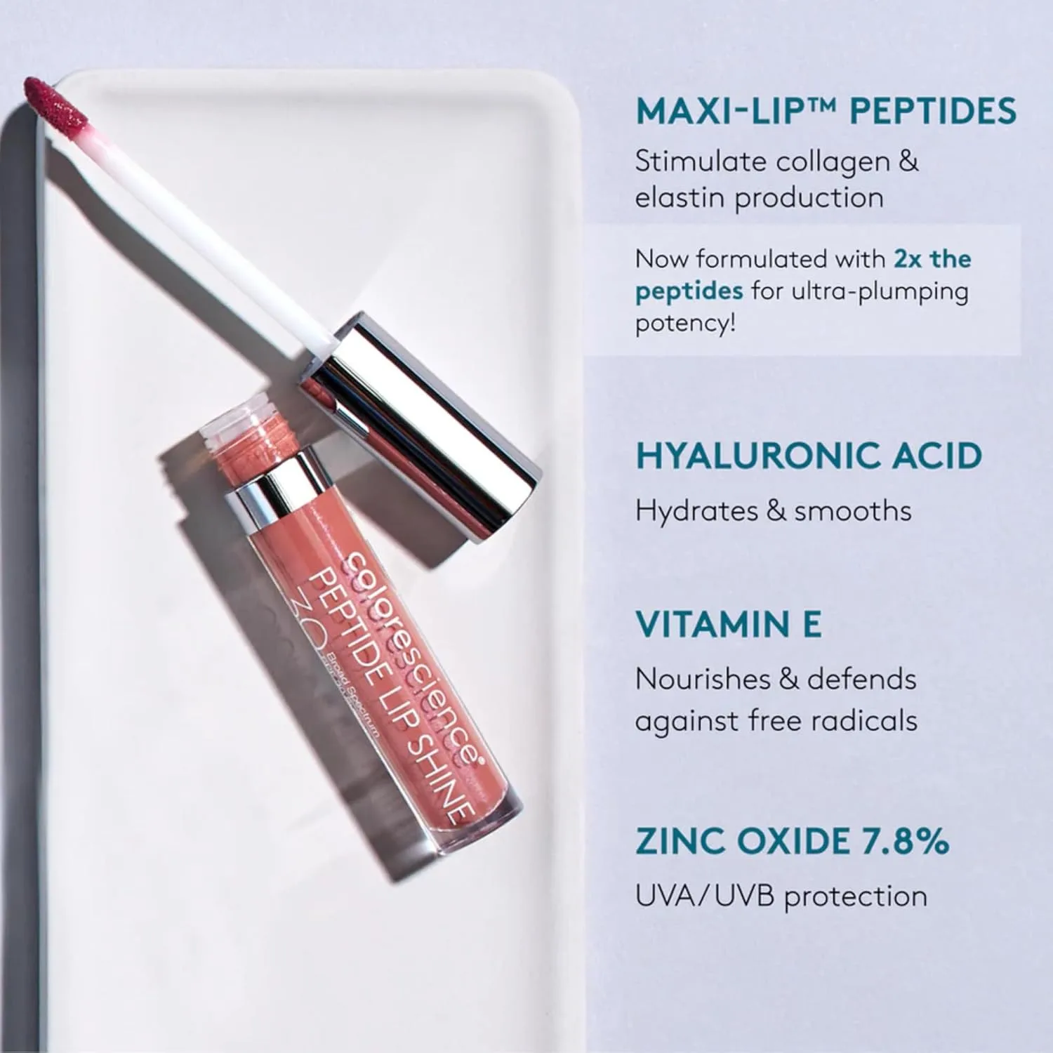 Colorescience Peptide Lip Shine SPF 30, клинически доказанная пептидная формула для увеличения объема, увлажнения, кондиционирования, питания и защиты от свободных радикалов, наращиваемый цвет без красителей, Guava — фото 2