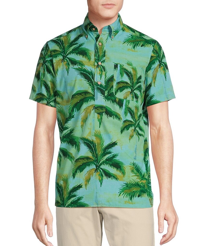 

Cremieux Blue Label Tahiti Collection Тканая рубашка из попера с тропическим пальмовым принтом и короткими рукавами, синий