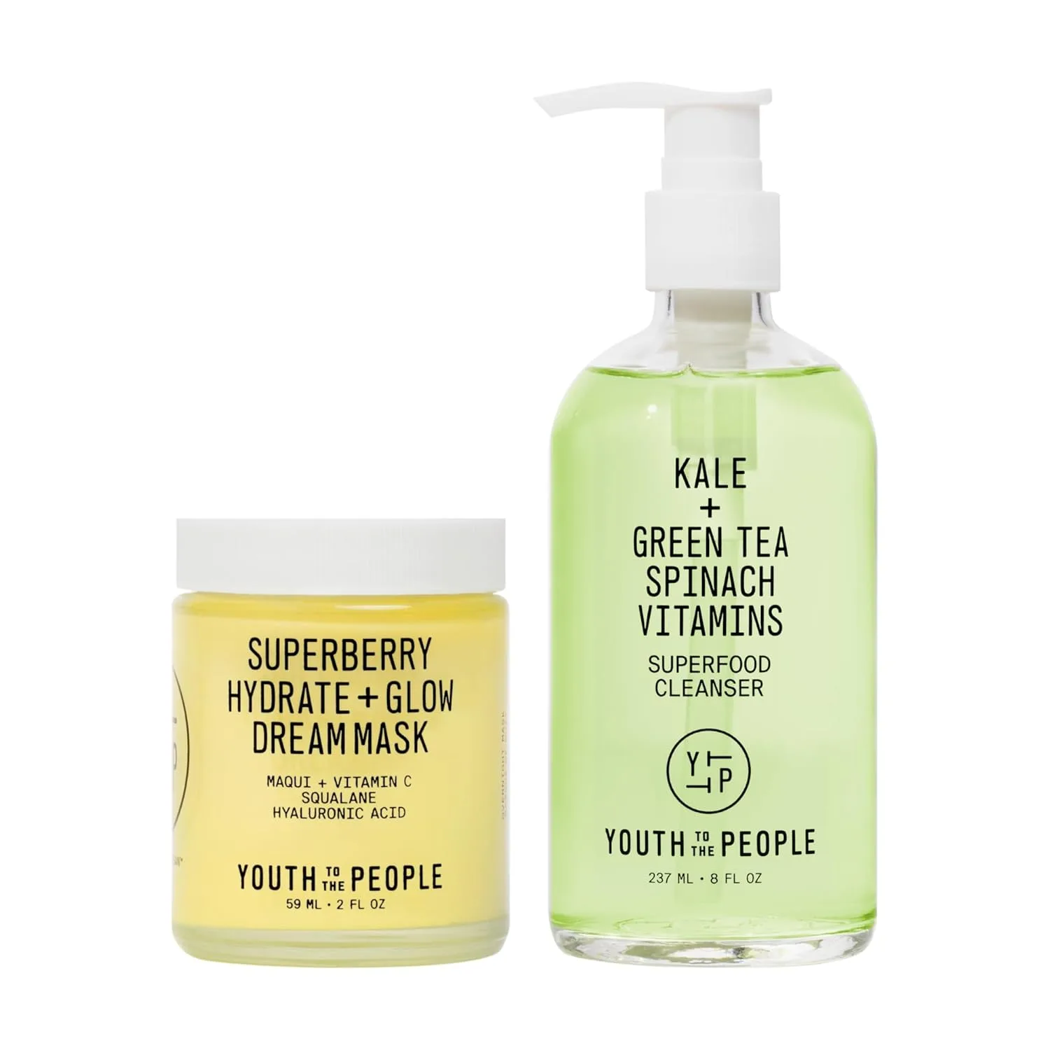 Youth To The People Rinse + Rest Duo, набор из 2 средств по уходу за кожей, ночная маска Superberry Hydrate + Glow Dream (60 мл) и очищающее средство Superfood Kale + Green Tea (240 мл), для тусклой и сухой кожи, green