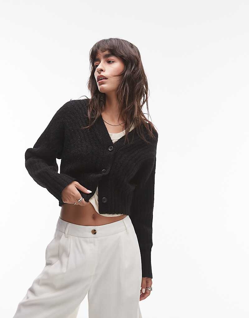 

Черный кардиган с V-образным вырезом и объемными рукавами Topshop