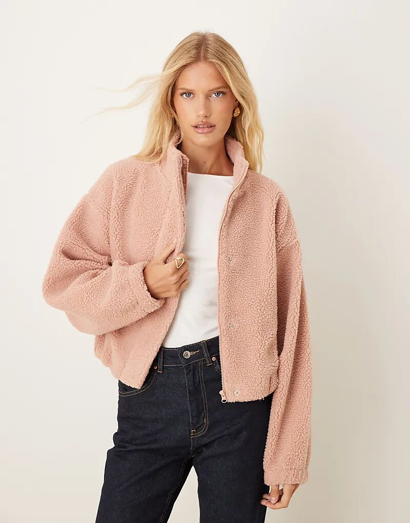 

Флисовая кофта ASOS DESIGN на молнии с пузырчатым подолом розового цвета