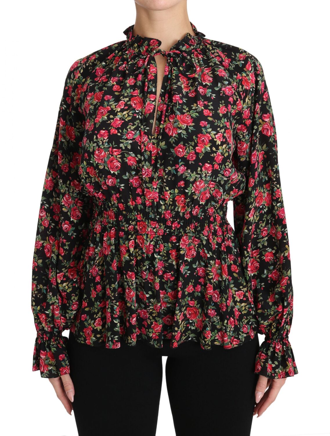 Элегантная черная шелковая рубашка с цветочным узором Dolce & Gabbana, черный