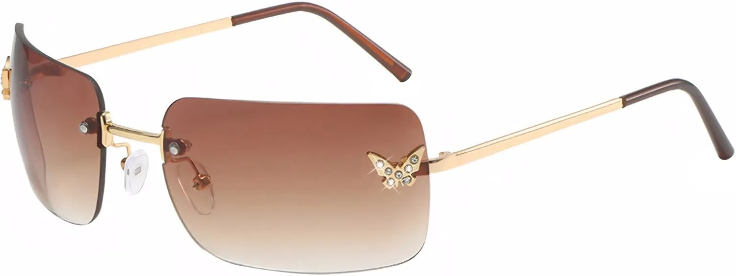 

Прямоугольные солнцезащитные очки Y2k для женщин, милые, без оправы, с прозрачными тонированными линзами, в стиле 2000-х, модные очки-бабочки Ehoomely, Gradient Tea