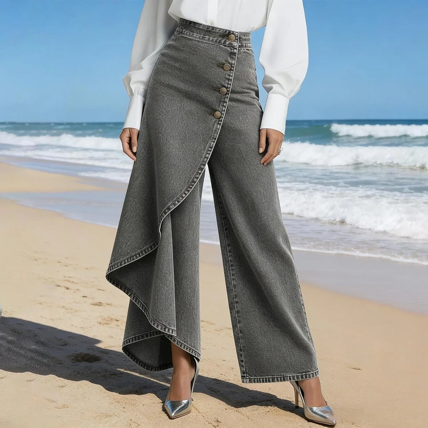 Активные брюки с воланами Wide Leg Jeans, серый — фото 3
