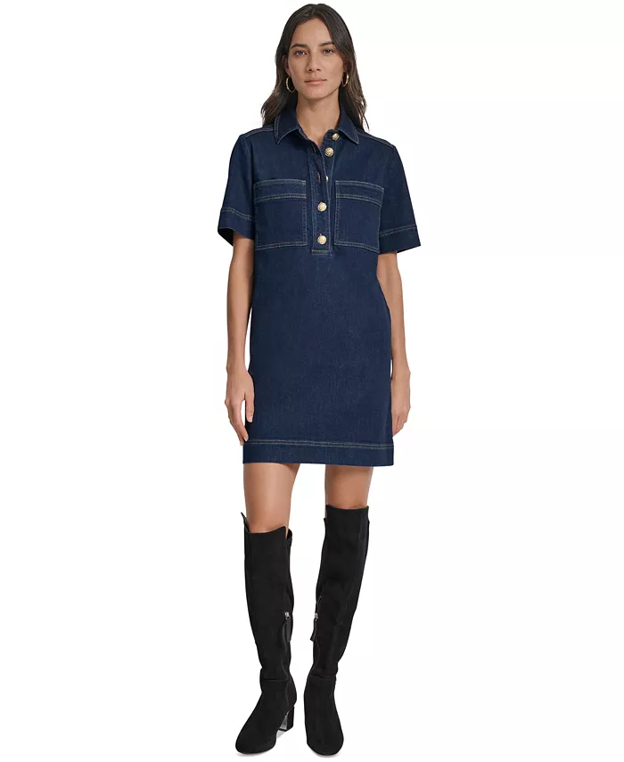 

Женское джинсовое платье-трапеция с короткими рукавами и воротником DKNY Jeans, синий