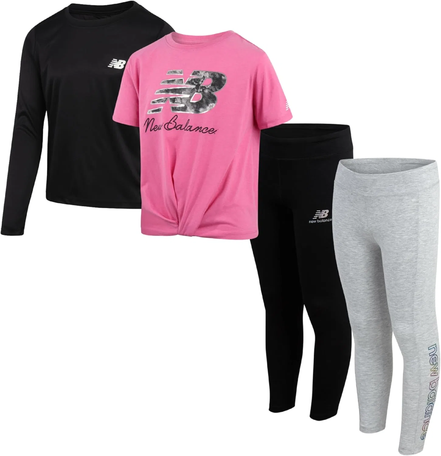Комплект леггинсов New Balance Active для девочек - 4 предмета: спортивная футболка с коротким рукавом, футболка с длинным рукавом и спортивные леггинсы для девочек, Pink/Black/Gray