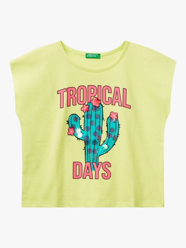 

Детская хлопковая футболка с тропическими кактусами Benetton, Lime