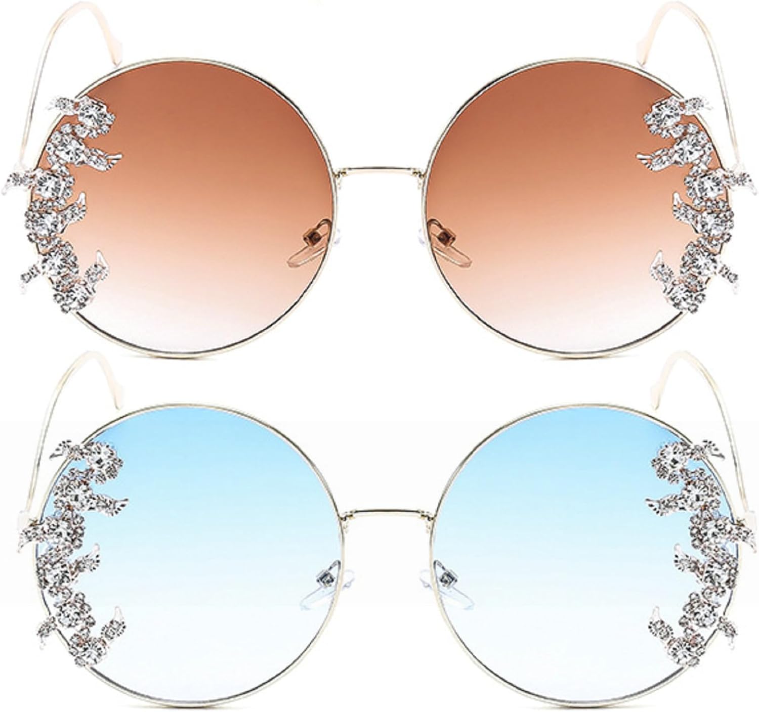 

Ретро-солнцезащитные очки с бриллиантами, круглые, женские, в металлической оправе, со стразами, модные панк-очки для вечеринок, солнцезащитные очки UV400 mincl, 2pcs-brown&blue