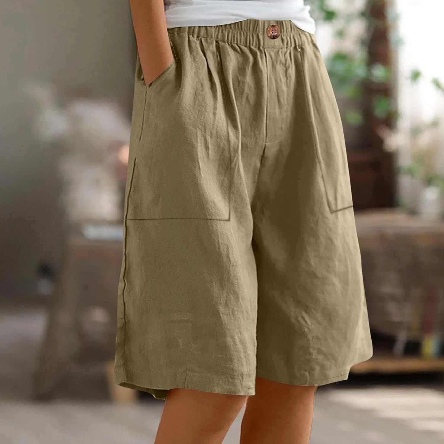 Женские бермуды свободного кроя, высокая талия, на пуговицах, Dark Khaki — фото 2