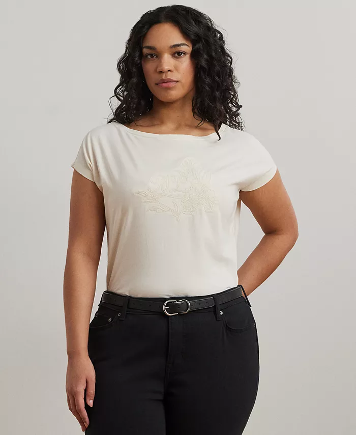

Футболка джерси с вышивкой Plus Size Lauren Ralph Lauren, белый