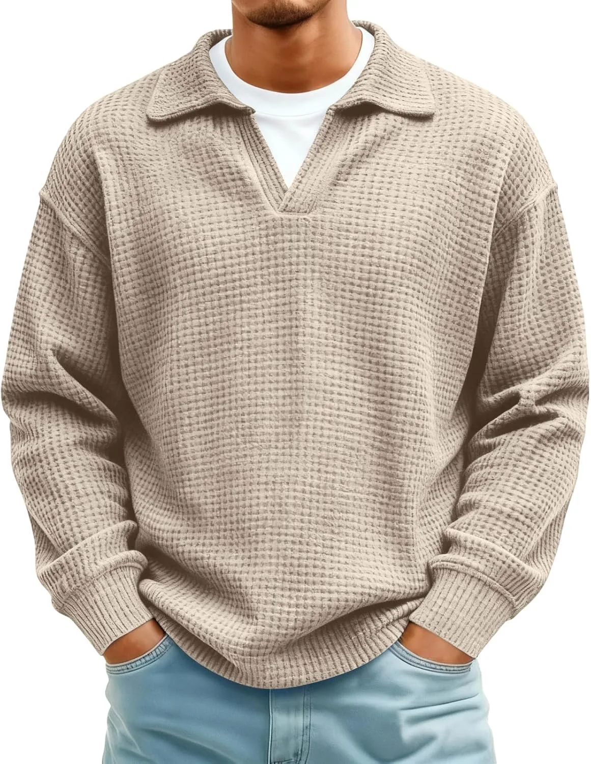 

Мужская повседневная вязаная поло с воротником, свитер-рубашка, осень-зима, длинный рукав, однотонный цвет, универсальный топ