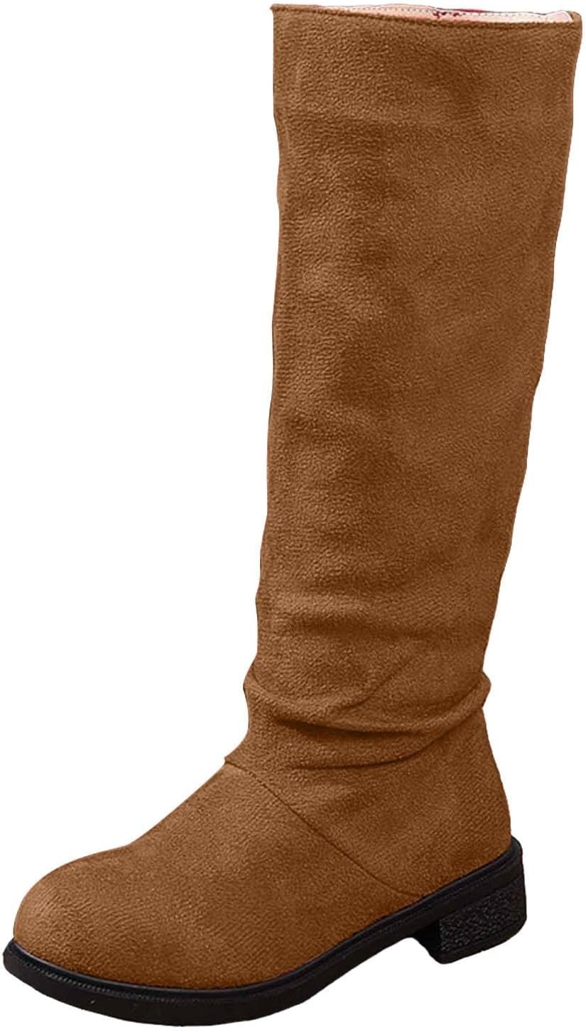 

Женские замшевые ботинки до колена с широкой голенью, платформой, массивным каблуком, плоской подошвой, высокие ботильоны, модная осенне-зимняя обувь, с круглым носком, нескользящие, нарядные Baxtayel, коричневый