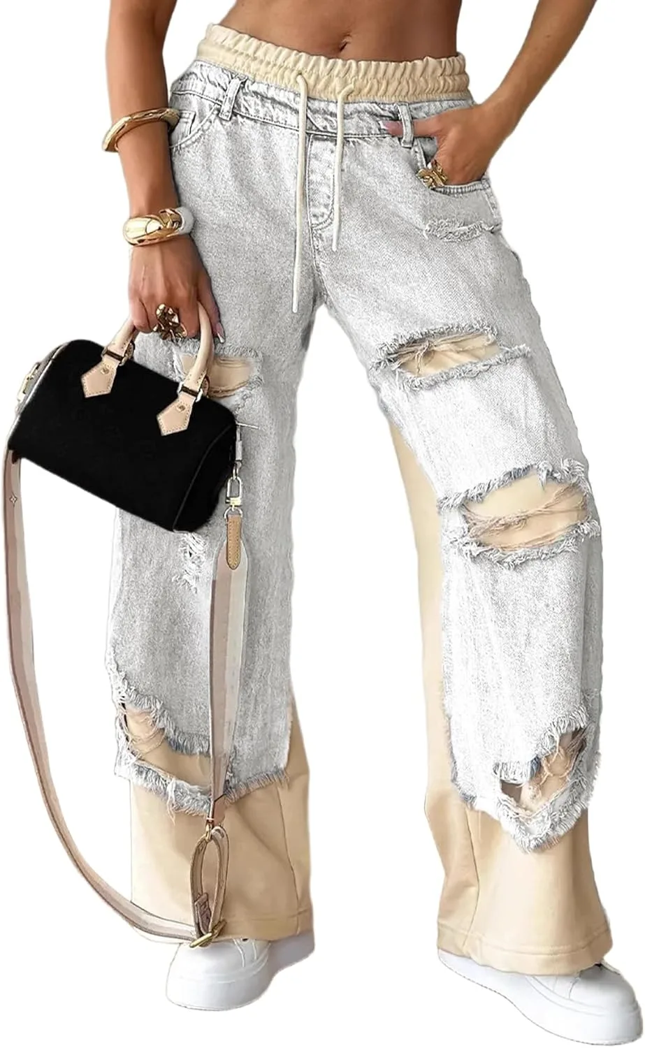 

Женские рваные джинсы с вышивкой Casual с кулиской