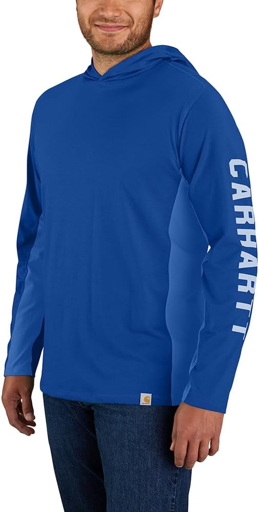 

Carhartt мужская футболка с капюшоном и логотипом, расслабленного кроя, средней плотности, с длинным рукавом, Glass Blue