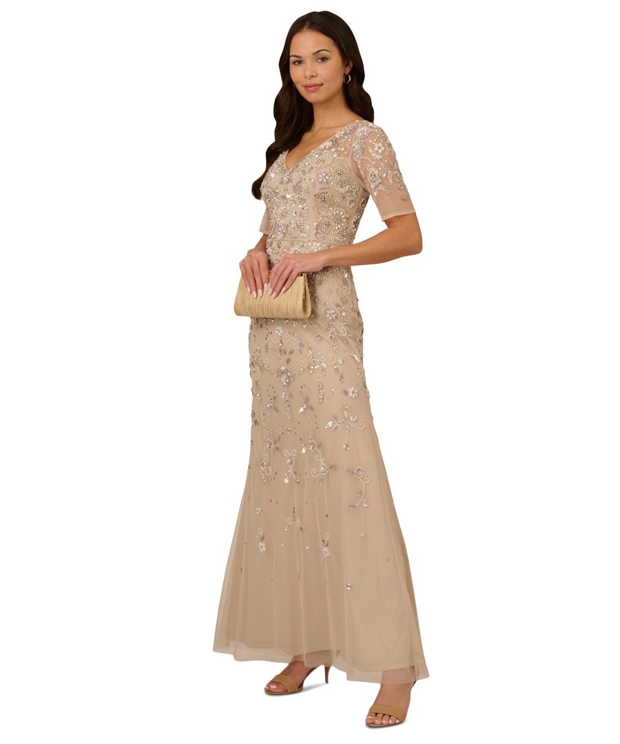 

Женское платье с V-образным вырезом, расшитое бисером, с короткими рукавами, из сетчатой ткани Adrianna Papell, Biscotti