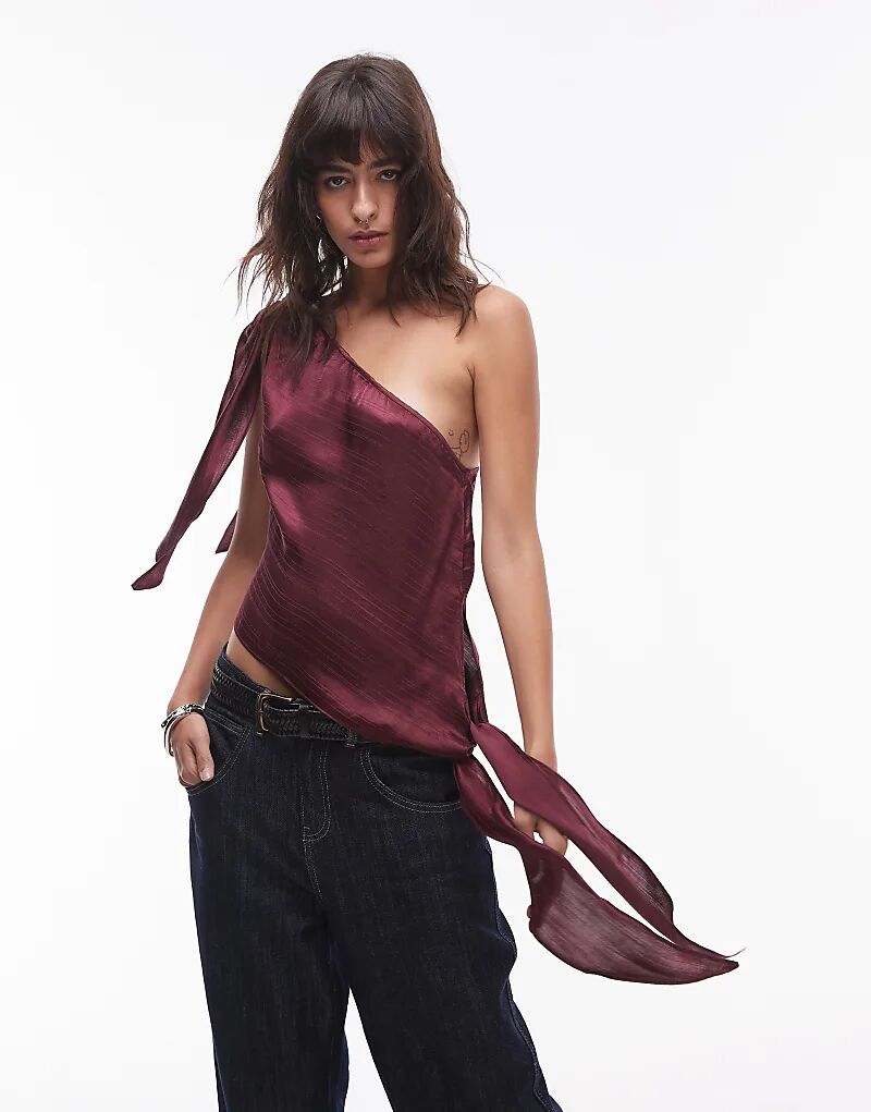 

Топ на одно плечо с узлом в бордовом цвете Topshop