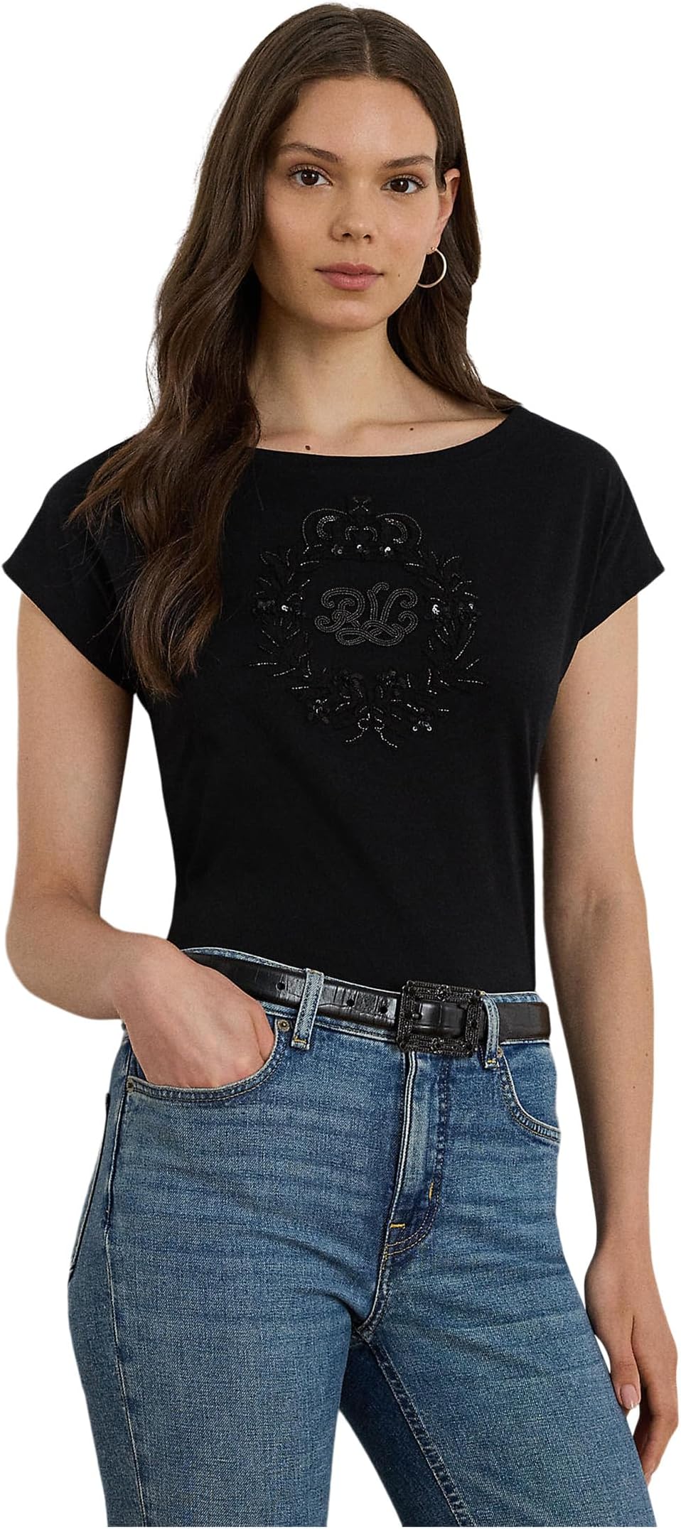 

Женская футболка из хлопкового джерси с пайетками Lauren Ralph Lauren, Black