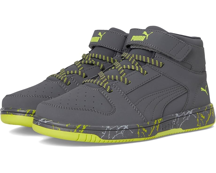 

Кроссовки PUMA Kids Rebound Layup Mid Hook And Loop, цвет Strong Gray/Strong Gray/Lime Smash