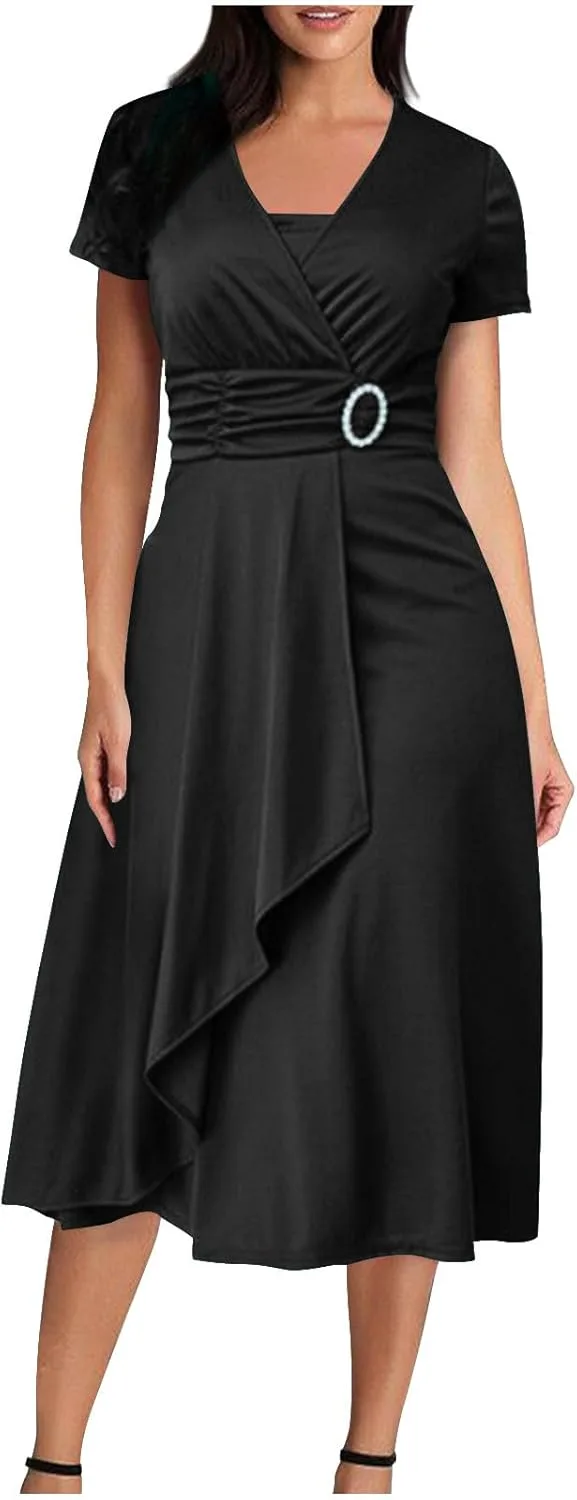 Женские летние платья в винтажном стиле 80-х: выпускное платье, свадебное платье для гостьи, миди-платье с коротким рукавом, элегантное платье с V-образным вырезом и запахом Generic, черный