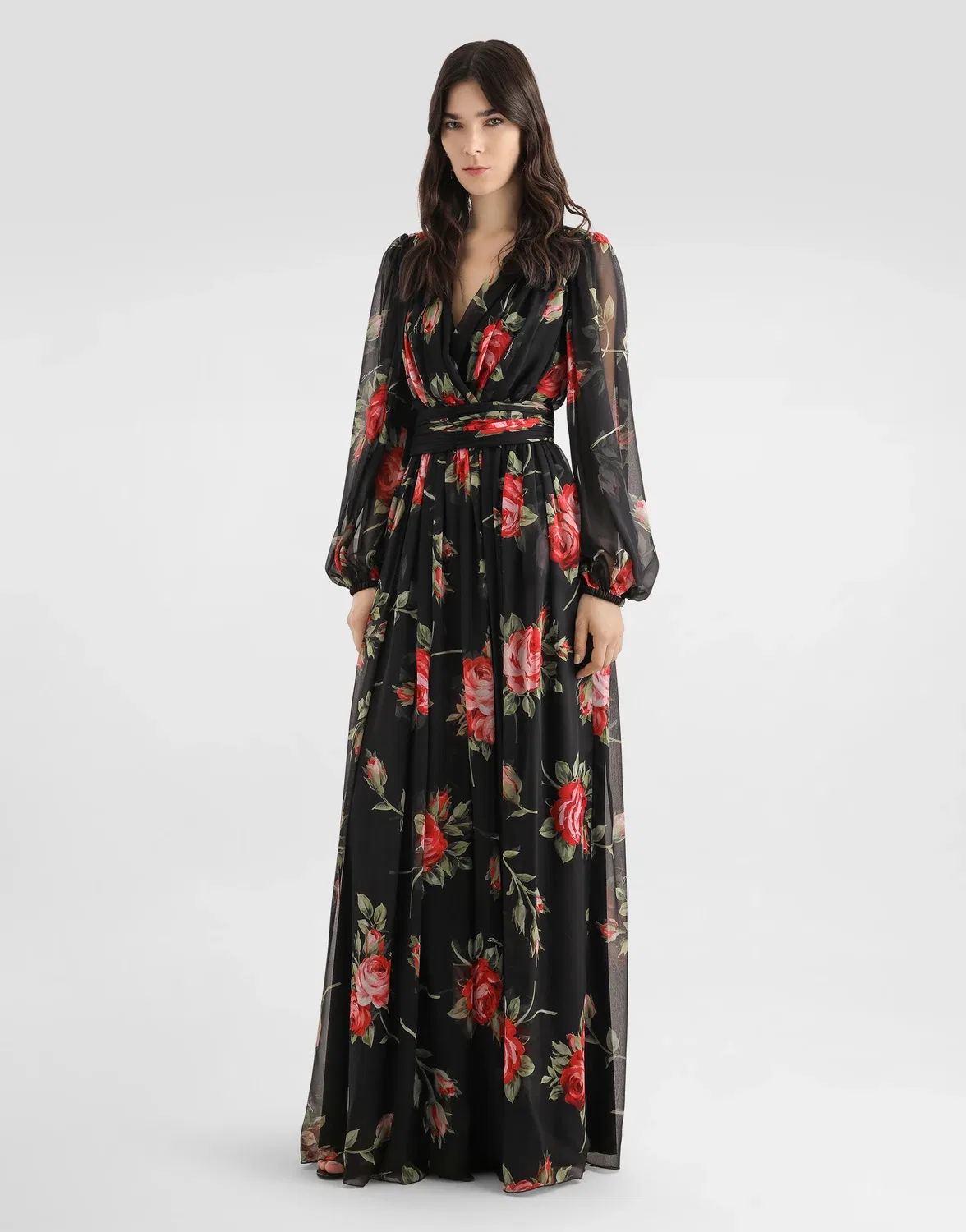 Длинное шифоновое платье с принтом "букет роз" DOLCE & GABBANA, мультицвет — фото 2