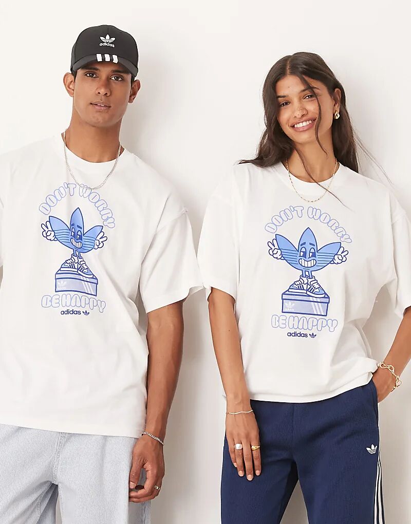

Футболка adidas Originals с графическим принтом Happy Trefoil белого цвета