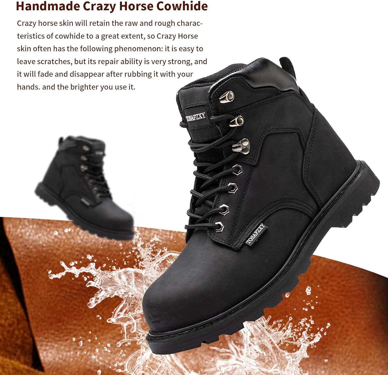 Рабочие ботинки для мужчин из прочной кожи Crazy-Horse с защищенным стальным носком, водонепроницаемые и противоскользящие, лучше сохраняют тепло, рабочая обувь для мужчин TOSAFZXY, черный — фото 3
