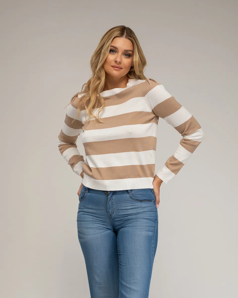 

Женский трикотажный свитер в полоску с круглым вырезом Tantra, бежевый/белый