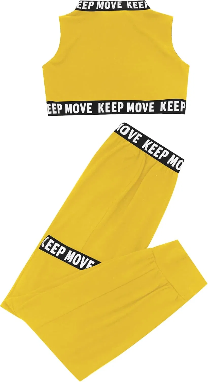 Детский спортивный костюм с принтом Keep Move, Moggemol, топ и леггинсы, Yellow Sleeveless — фото 4