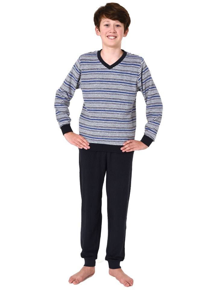 

NORMANN Длинная пижама из махровой ткани с манжетами и полосками - 65524, темно-серый цвет