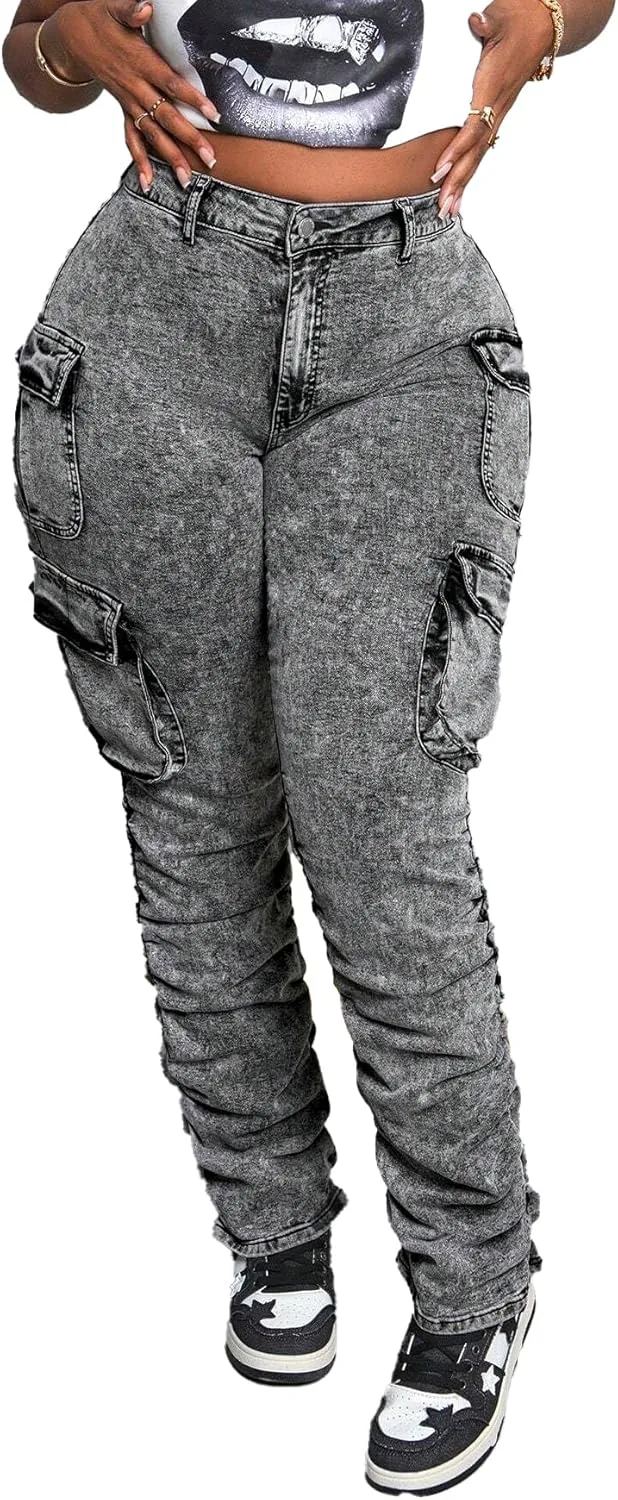 

Женские джинсы карго с высокой талией, кислотная мойка, сборчатый дизайн Vaimti