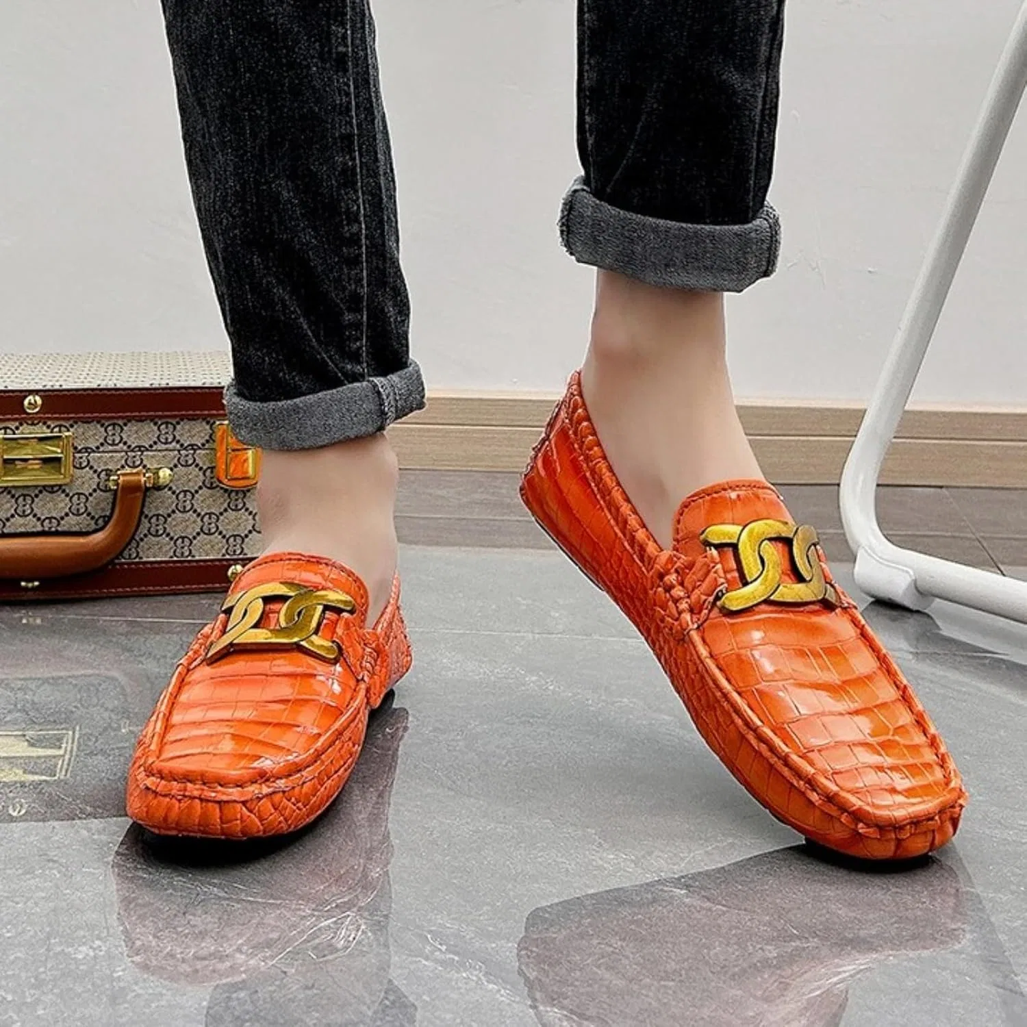Лоферы крокодиловая кожа, Slip-On, оранжевый JingSMNX — фото 2