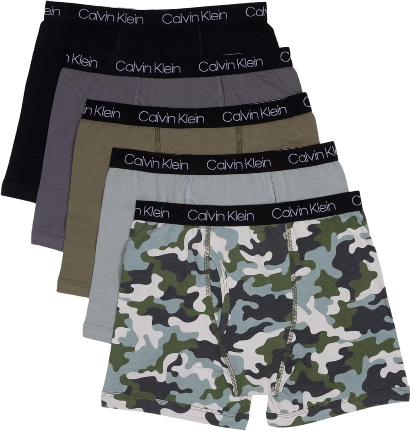 

Современные хлопковые трусы-боксеры Calvin Klein для мальчиков (5 шт.), Olivine Camp/Slate Gray/Heather Gray/Magnet/Black Arch
