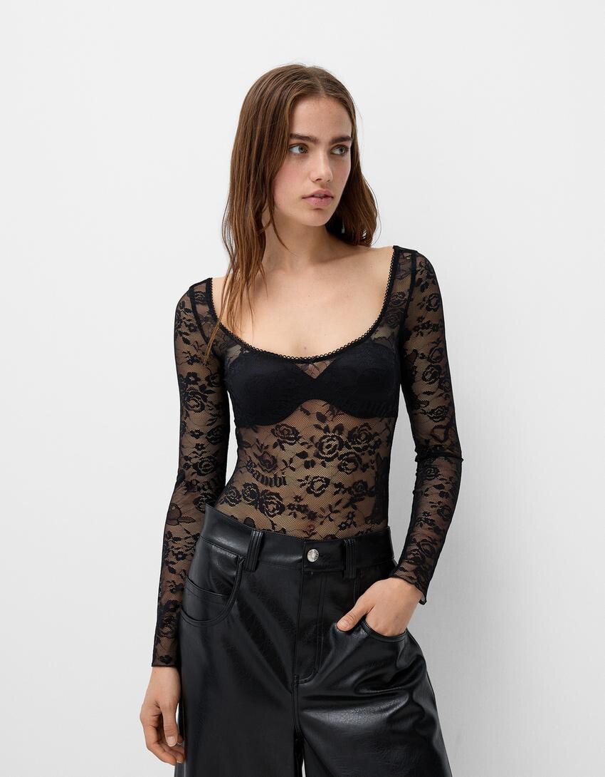 

Боди disney bambi с длинными рукавами и кружевом Bershka, черный