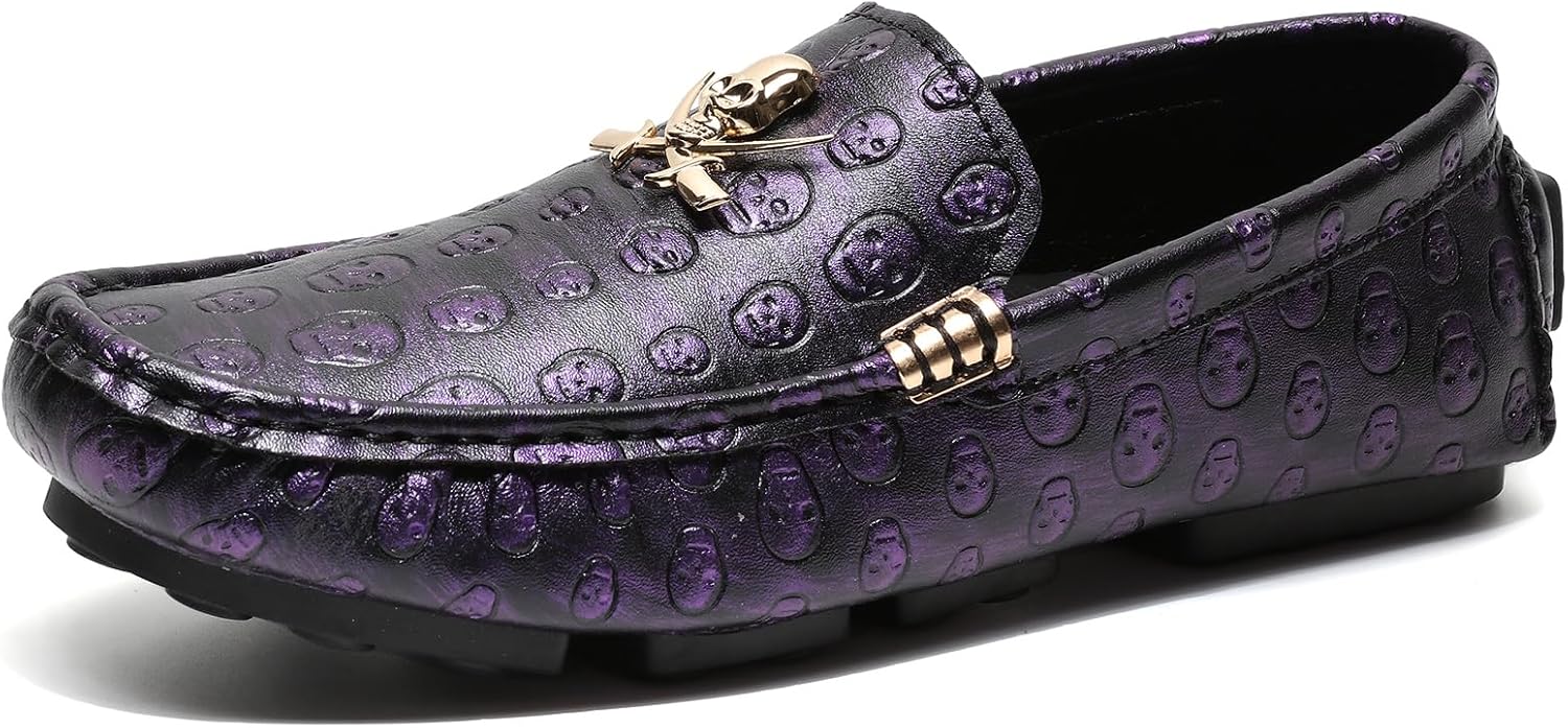 

Мужские кожаные мокасины Dacnakby для вождения, слипоны с черепом и металлической пряжкой, повседневные туфли, фиолетовый