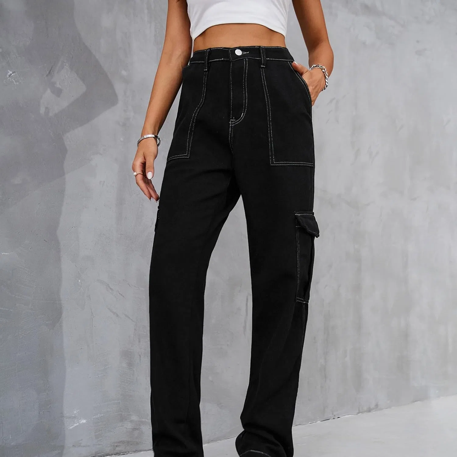 Джинсы карго, прямые, Women High Waisted Cargo Jean Pants, синие — фото 2