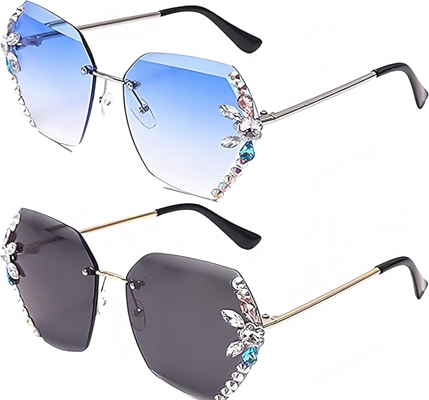 

Модные женские солнцезащитные очки без оправы с бриллиантами, большие солнцезащитные очки с градиентной многоугольной бриллиантовой оправой и защитой от УФ-излучения AILYFIRMO, Blue+grey