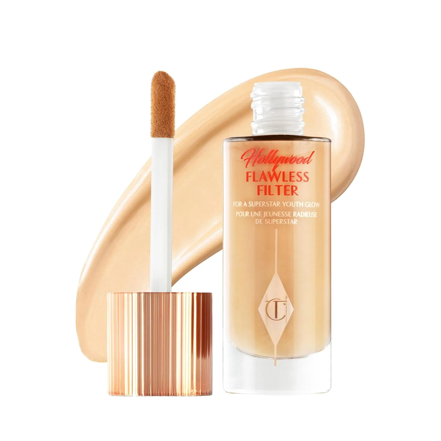 Charlotte Tilbury Hollywood Flawless Filter - универсальный праймер, бустер для сияния и жидкий хайлайтер с легким покрытием для гладкой и матовой кожи, 2.5 Fair - Golden beige shade for light skin tones