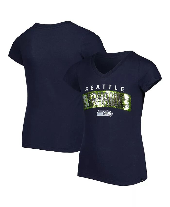 

Футболка Big Girls College Navy Seattle Seahawks с надписью Reverse Sequin и V-образным вырезом New Era