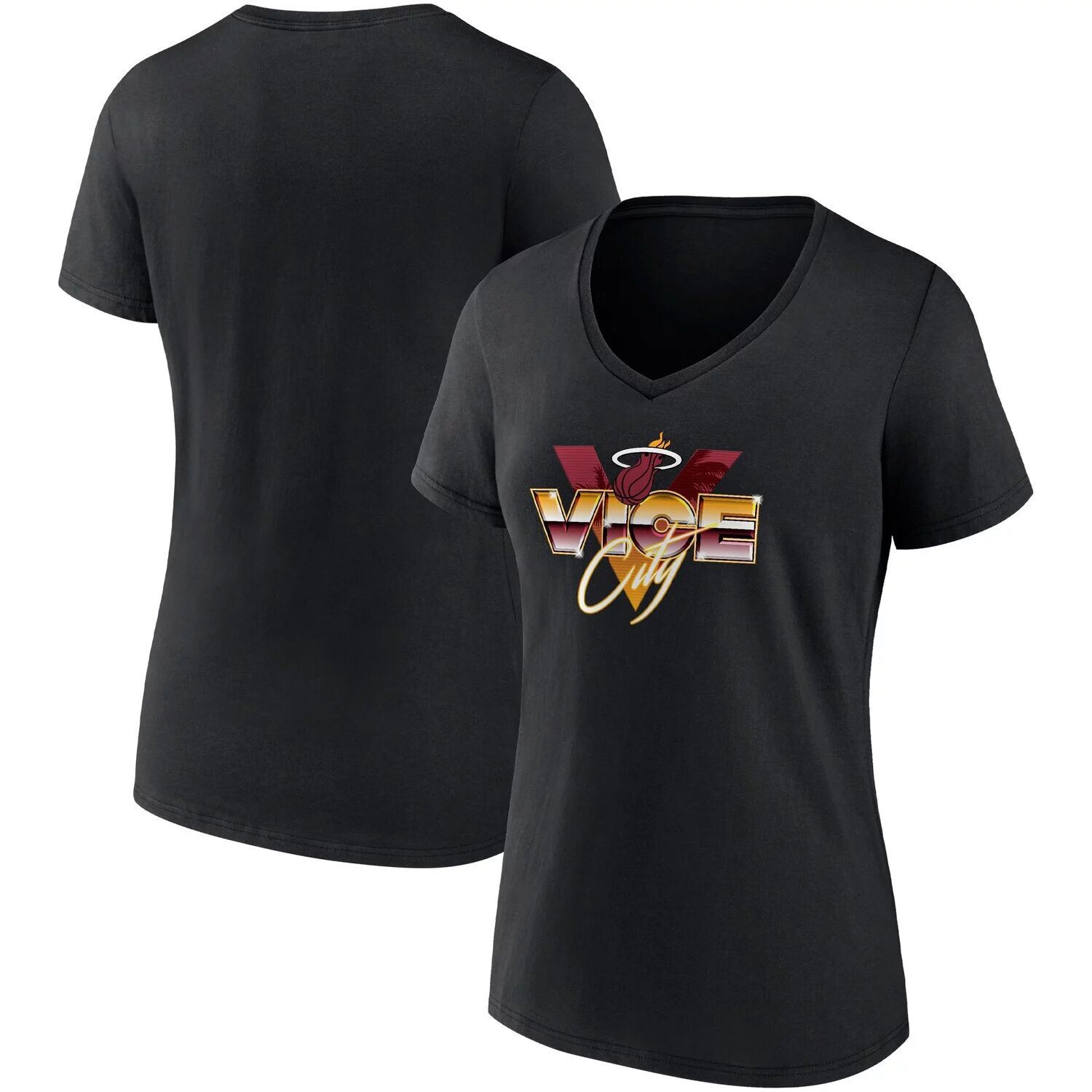 

Женская черная футболка с v-образным вырезом и логотипом Miami Heat Hometown Collection Vice City Fanatics, Черный, Женская черная футболка с v-образным вырезом и логотипом Miami Heat Hometown Collection Vice City Fanatics