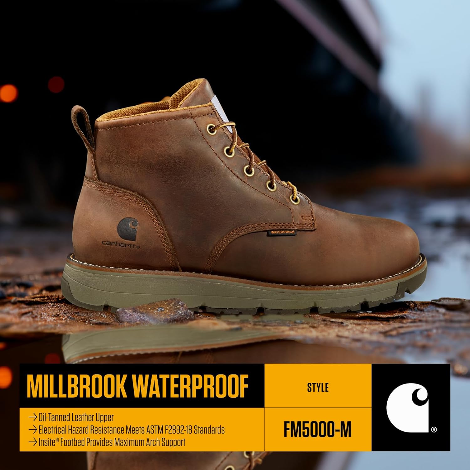 Carhartt Millbrook Waterproof Wedge Boot - рабочие ботинки для мужчин, устойчивые к скольжению и электрическим опасностям, с высотой голенища 5 дюймов, дышащей мембраной и легкой промежуточной подошвой EVA, Brown Oil Tanned — фото 4