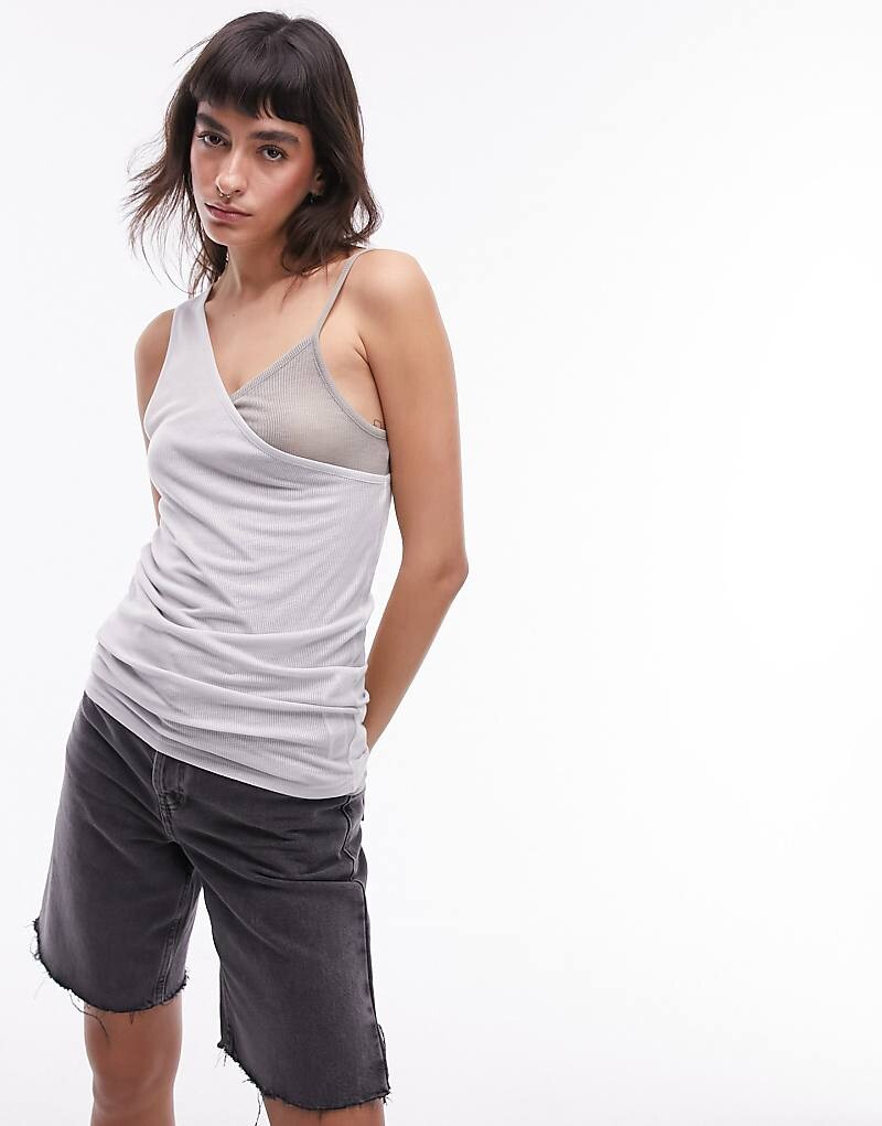 

Topshop – Качественная двухслойная базовая кофточка прозрачно-серого цвета с асимметричным кроем